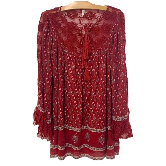 Free People | Dress Baby Doll Mini Red Lace Foral Lined- Size Small - Picture 1 of 7